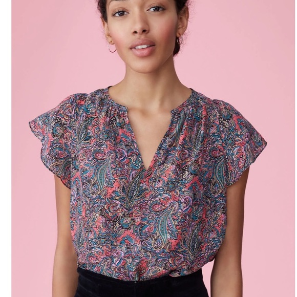 Rebecca Taylor Pink Multicolor + Gold Metallic Paisley Print Silk Blouse - Picture 2 of 9